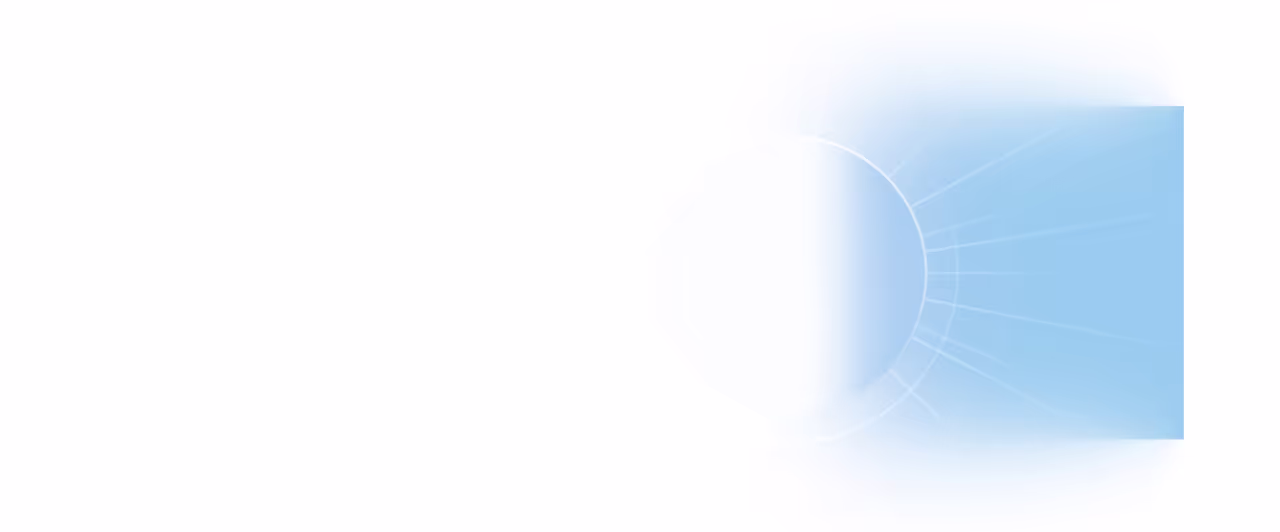 Fading blue circular shape with radial lines on a white background.