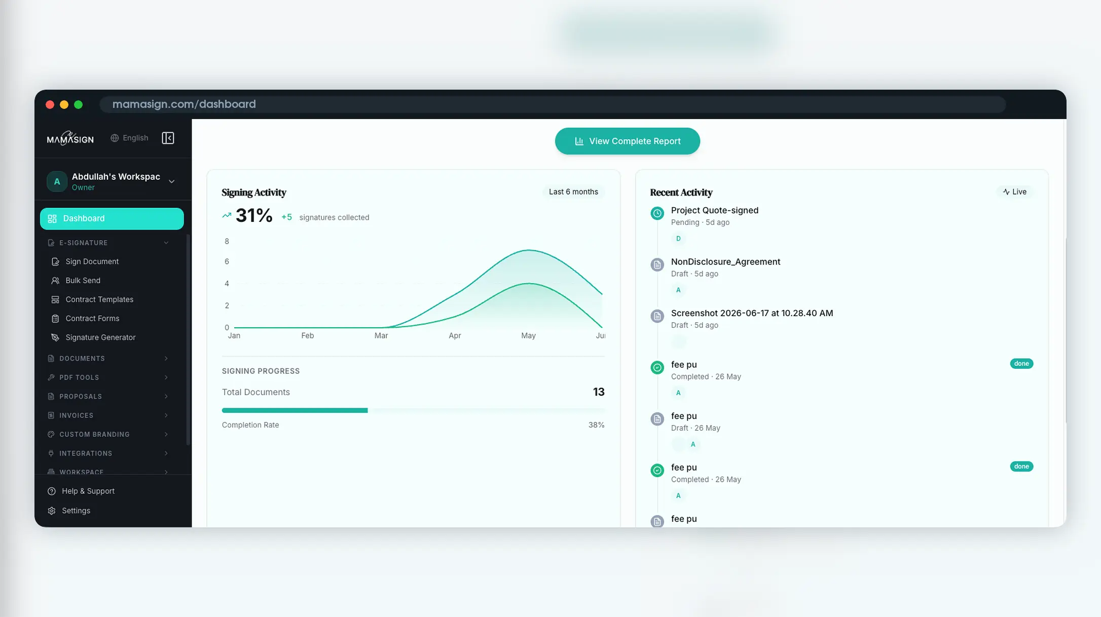 MamaSign e-signature dashboard in a dark Mac browser frame
