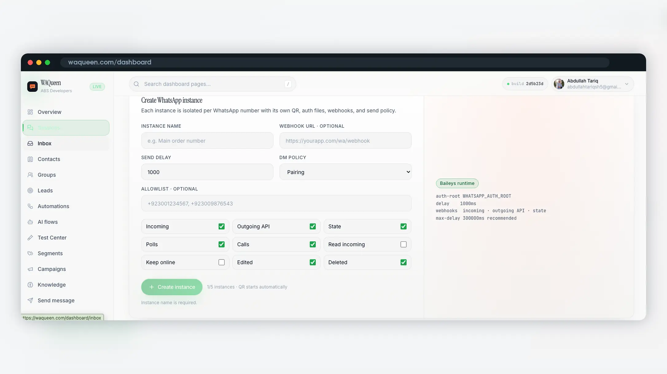 WAQueen WhatsApp API dashboard in a dark Mac browser frame