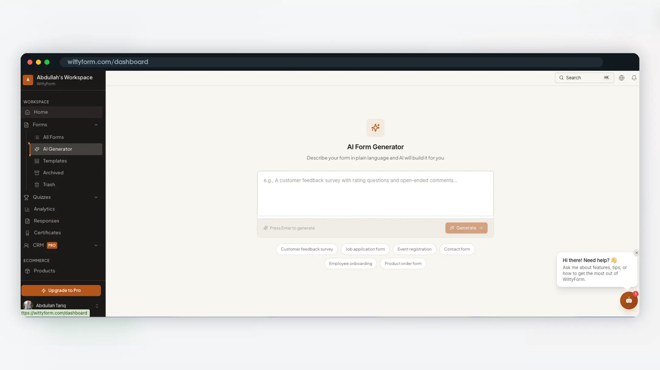 WittyForm dashboard preview in a dark Mac browser frame