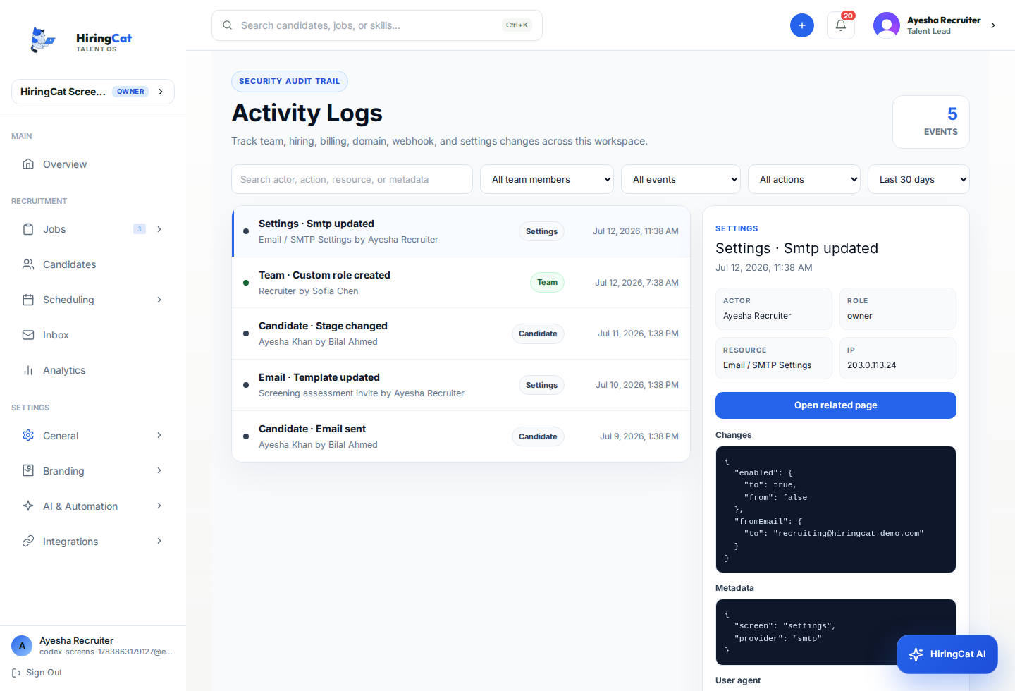 HiringCat activity logs dashboard with team member and event filters