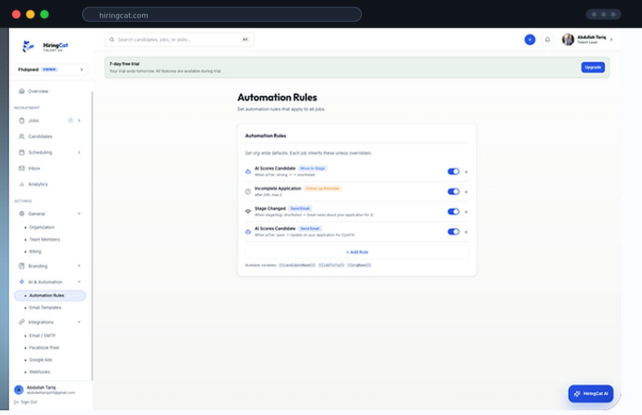 HiringCat automation rules dashboard