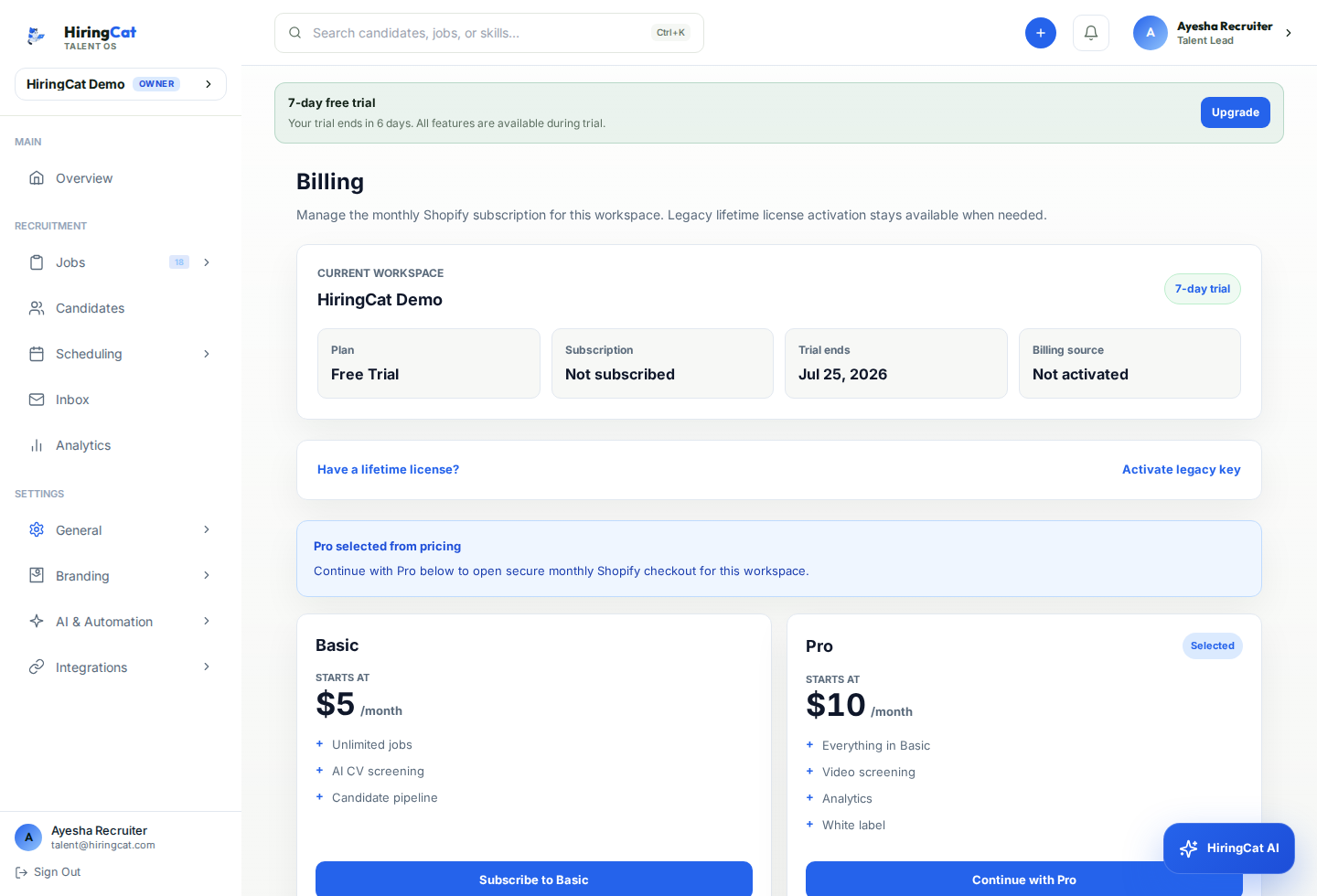 HiringCat billing dashboard showing monthly Basic and Pro plans