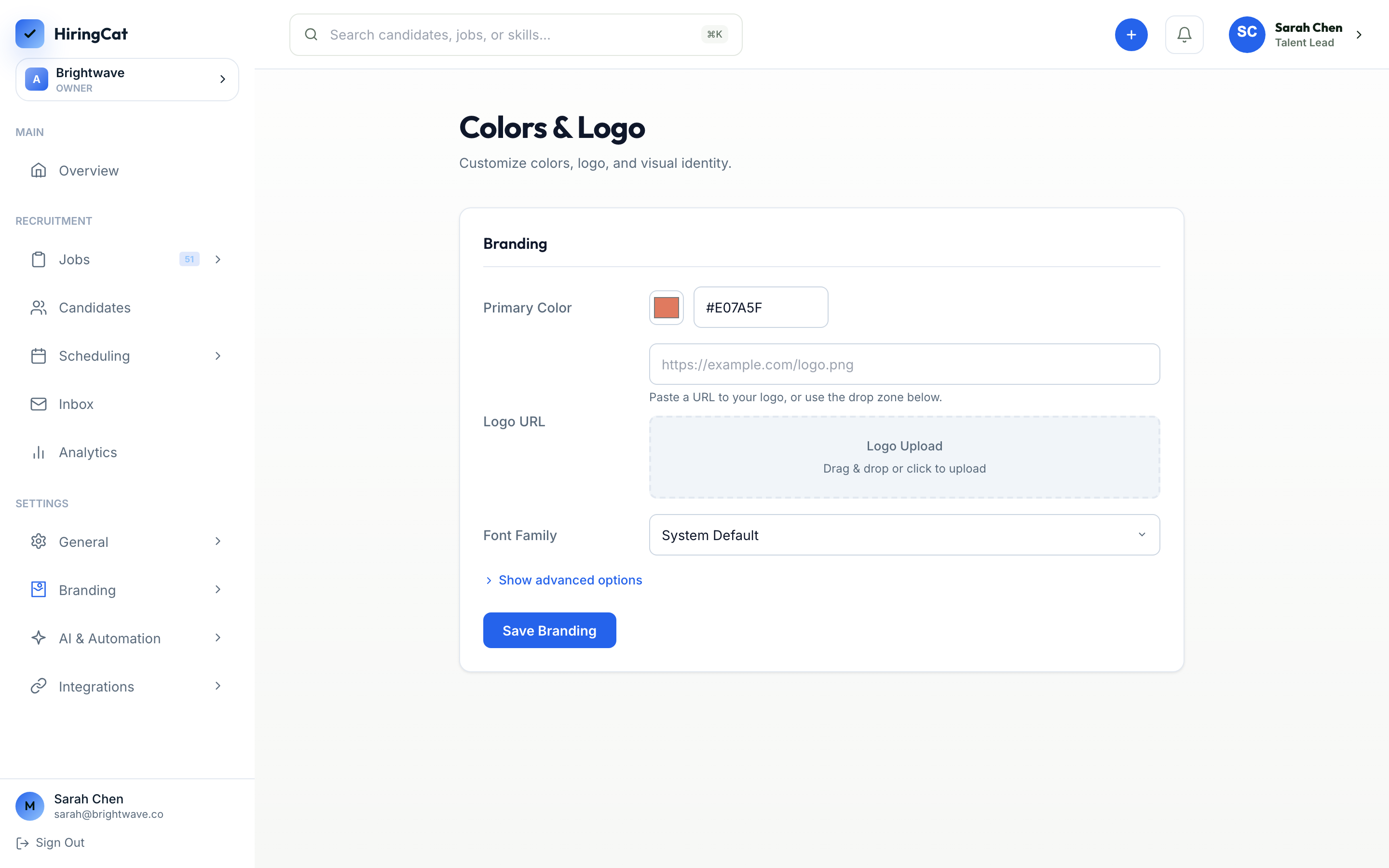 HiringCat branding and settings screen
