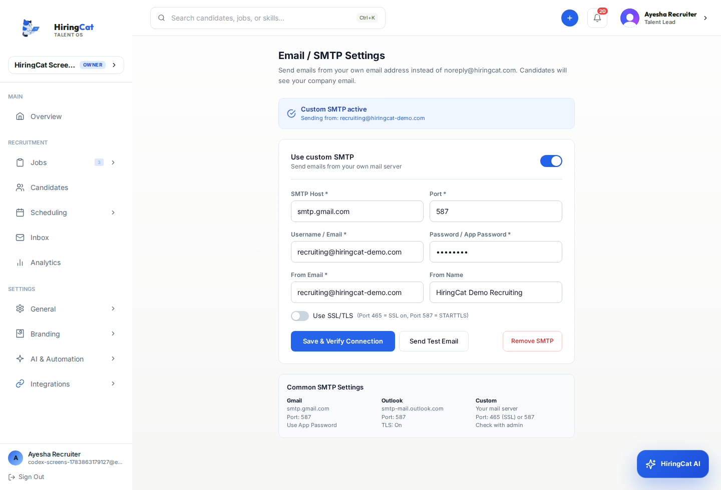 HiringCat SMTP settings dashboard with verified sender and email routing checks