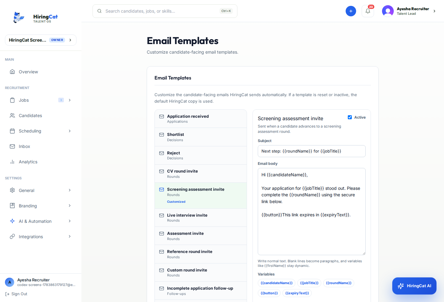 HiringCat email templates dashboard with template editor and live candidate email preview