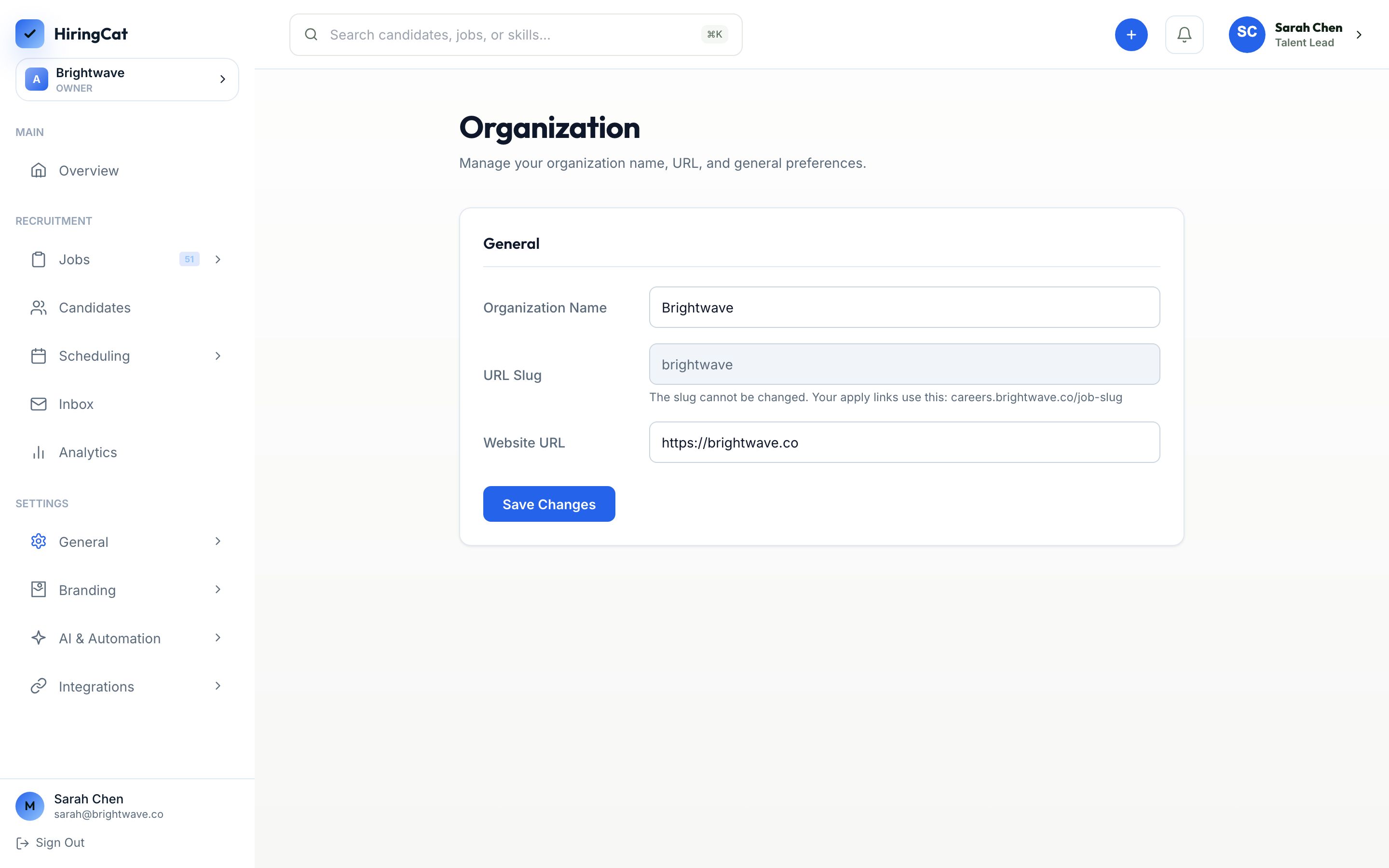 HiringCat settings and integration dashboard