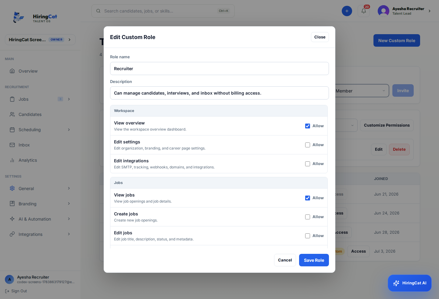 HiringCat team permissions dashboard with member roles and permission controls